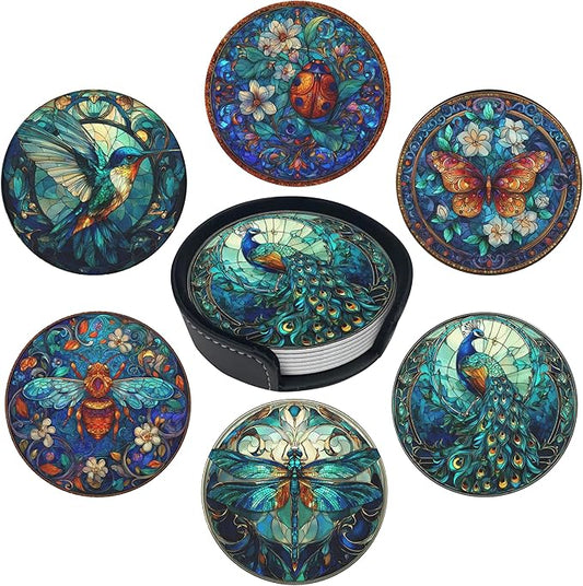 Insect Coasters Leather Round Drink Coasters 6 Pcs Set with Holderor for Cup Drink Coffee Table Bar Home Decor