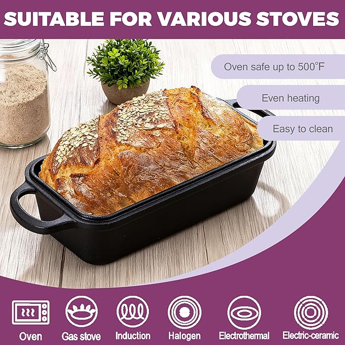 Vanderlume 11x5 Inch Cast Iron Loaf Pan with Lid, Large Dutch Oven Bread Loaf Pan for Sourdough, Homemade Bread Baking, Even Heat Distribution, 5.8Qt