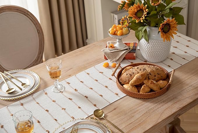 Caflife Boho Table Runner 90 Inchs Long for Modern Farmhouse Room Home Decor, Brown and Beige Coffee Table Runner, Natural Cotton Woven with Tassels Neutral, for Kitchen Dining Table Decor