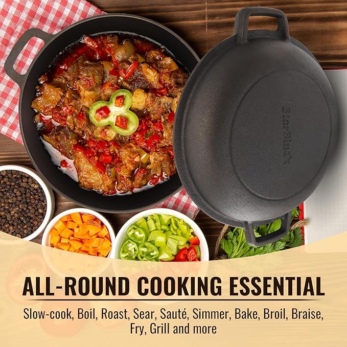 Smooth and Polished Cast Iron Dutch Oven by StarBlue – 5 qt Cast Iron with 10 Inches Diameter, 2 in 1 Multipurpose Skillet and Pot for Non-Stick Cooking