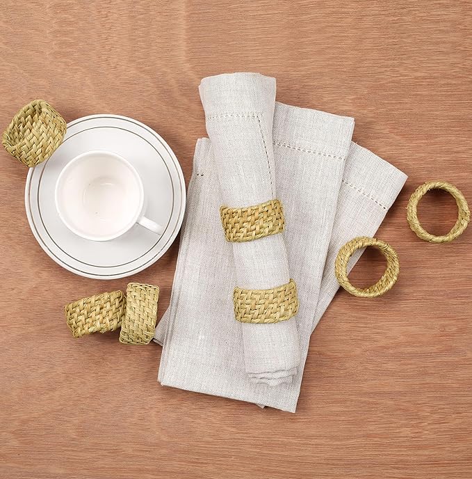 ALPHA Living HOME Rattan Napkin Rings Set of 12 - Handcrafted Cane Serviette Holders for Table Decor, Weddings, Partiess, Dinners, Rustic Boho Style Napkin Rings Natural.