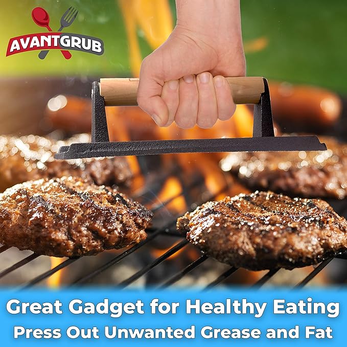 Pro Grade, Pre Seasoned Cast Iron Grill Weight 3Pk. Heavy Duty Steak and Burger Press with Wooden Handle for Grills, Griddles and Flattops. Perfect Gadget for Bacon, Paninis, Sandwiches and Vegetables
