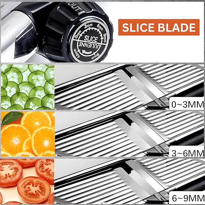 Mandoline Slicer for Kitchen, Adjustable Stainless Steel Vegetable Slicer & Chopper, Safe Mandolin Food Slicer for Potato, Onion, Tomato, Cucumber & Fruit, Julienne Blades with Cut-Resistant Gloves