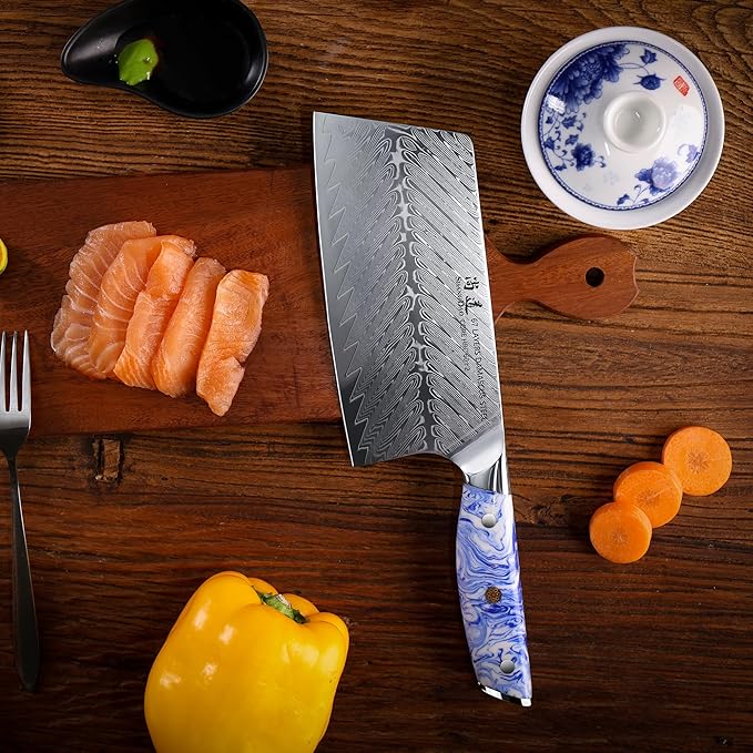 SHANGDAO 7 Inch Chinese Chef Knife,Cleaver Kitchen Knife Professional Vegetable Knife, Forged Damascus Steel with Blue and White Resin Handle - Full Tang - HUA Series