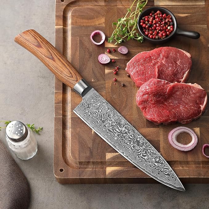 Wakoli EDIB Pro Damascus Chef Knife – Japanese Style Kitchen Knife | 7.9-Inch Genuine Damascus Steel Blade with VG10 Core | Ergonomic Pakkawood Handle | Professional Cooking Tool