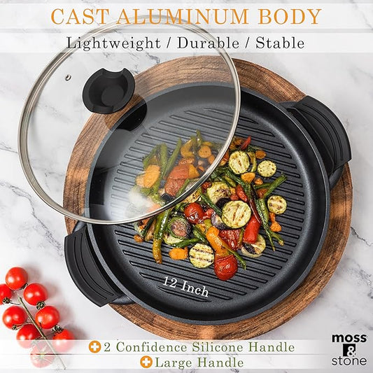 Moss & Stone 12” Nonstick Grill Pan for Indoor Cooking, Cast Aluminum Griddle Pan for Stove Top & Induction, Dishwasher & Oven Safe, Grill Pan with Lid, Silicone Handles, PFOA Free