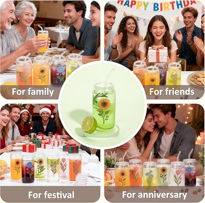 16OZ Drinking Glass Cup with Tritan Lid and Straw 4pcs Set Cute Iced Coffee Cup Aesthetic Glass Tumbler with Flower Design Ideal Gift for Women, Birthday, Christmas, Beer Glasses for Bar Accessories