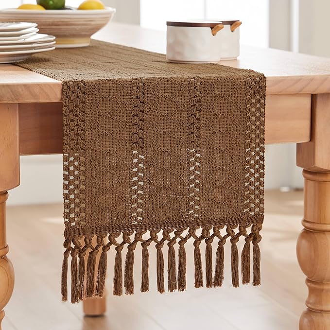 ZeeMart Macrame Style Boho Table Runner, Brown Table Runners 108 Inches Long, Farmhouse Woven Home Decor, 12x108 Inch, Caramel