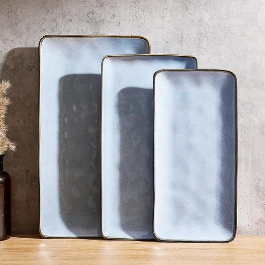 famiware Serving Platter, Rectangular 15.67/14.1/12.6inch Serving Dishes for Entertaining, Reactive Glaze, Stoneware Serving Trays for Party, Food, Turkey, Snack, Cheese, Ocean Series, Blue