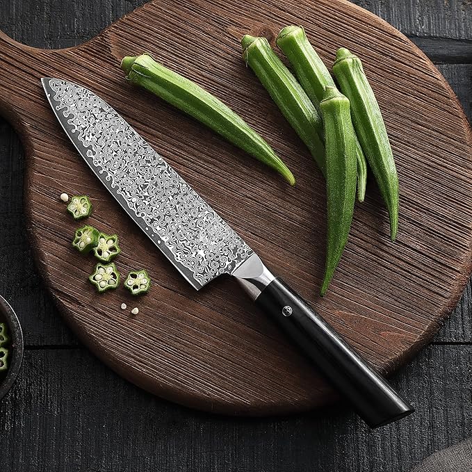 zayiko Black Edition Damascus Santoku Knife – 7.1-Inch Blade | 67-Layer VG10 Core Steel | Ergonomic Pakkawood Handle | Premium Kitchen Knife for Meat, Fish & Vegetables | Gift Box