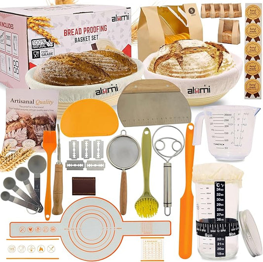 Sourdough Starter Kit | Complete 36Pcs All-in-One Bread Kit for Beginners & Bakers | Natural Rattan Proofing Baskets with 34oz Glass Starter Jar & Full Accessories | Gift for Women, Wives & Moms