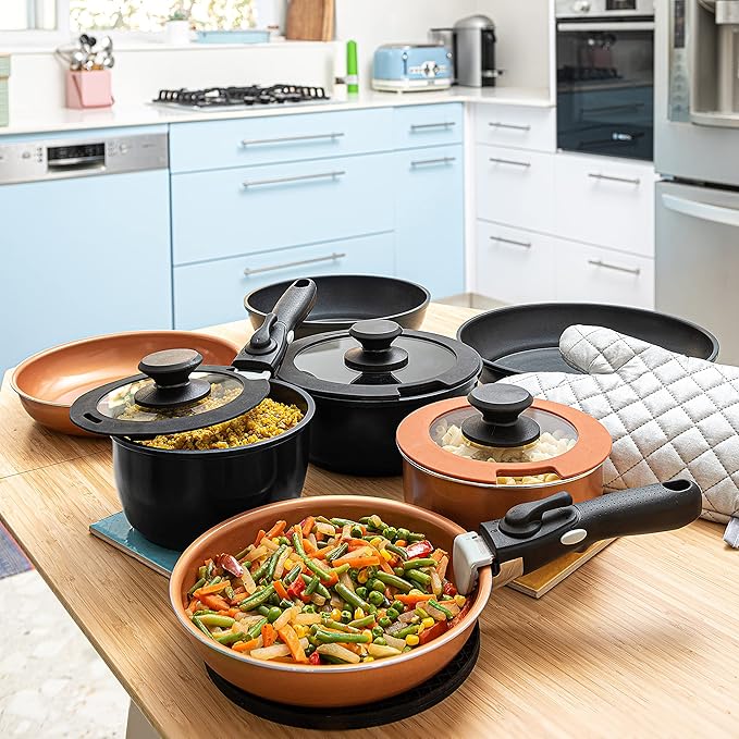Moss & Stone 10pcs Black Pots and Pans Set Non Stick, Cookware Sets Detachable Handle, RV Kitchen Set Removable Handle, Oven Safe, Induction Ready, Stackable Non-stick Set, Camping Cookware Set