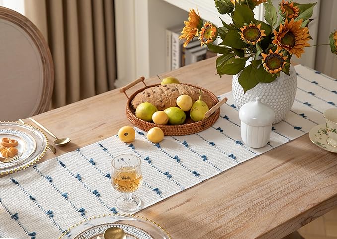 Caflife Boho Table Runner 90 Inchs Long for Modern Farmhouse Room Home Decor, Blue and Beige Coffee Table Runner, Natural Cotton Woven with Tassels Neutral, for Kitchen Dining Table Decor