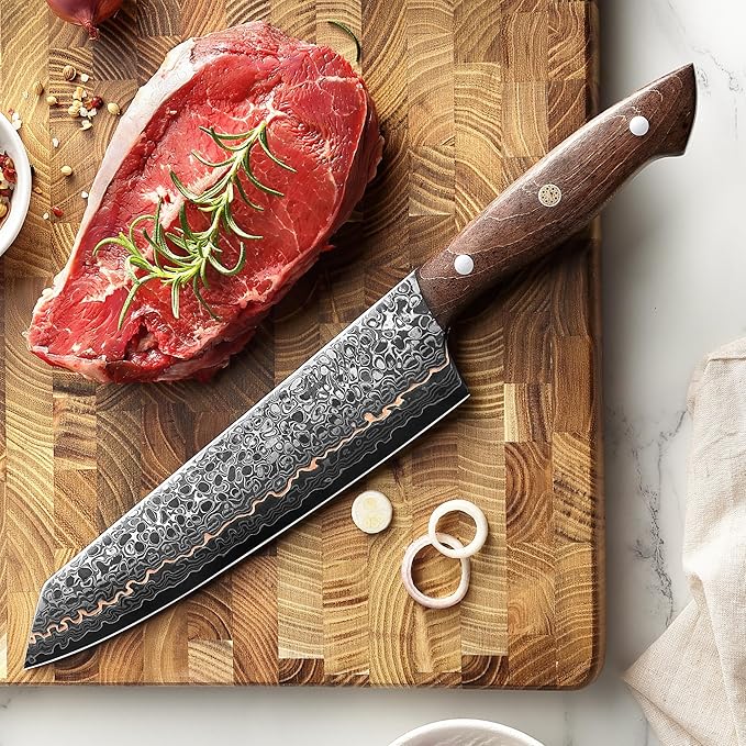 Wakoli Kawa Kiritsuke Chef Knife, 7.9-Inch Blade Kitchen Knife | 67-Layer Damascus Steel with VG10 Core | Copper Inlay | Maple Stabilized Wood Handle | Professional Chef Knife