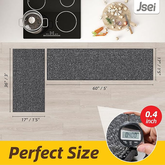 JSEI Kitchen Rugs and Mats, 2PCS Non-Slip Kitchen Mats for Floor, Machine Washable Absorbent and Stain Resistant Kitchen Runner, Carpet Mats with TPR Backing, 17''x30''+17''x60'', Charcoal