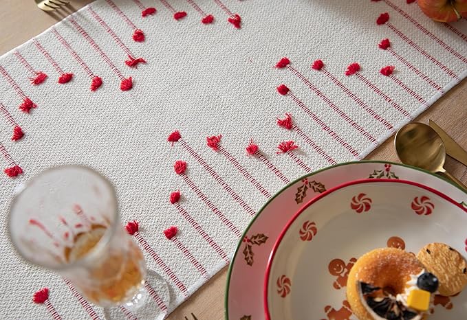 Valentines Table Runner 13 x 90 Inch Long Natural Cotton Woven Runner with Tassels for Home Dining Valentine's Day Decorations, for Modern Farmhouse Holiday Boho Table Runner, Red and Beige