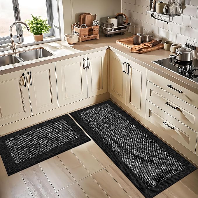BEQHAUSE Kitchen Rugs and Mats Set of 2 Non-Slip Kitchen Mats for Floor, Absorbent and Stain Resistant Kitchen Runner, Machine Washable Rugs for Kitchen, Laundry & Sink, 24"x36"+24"x60", Black