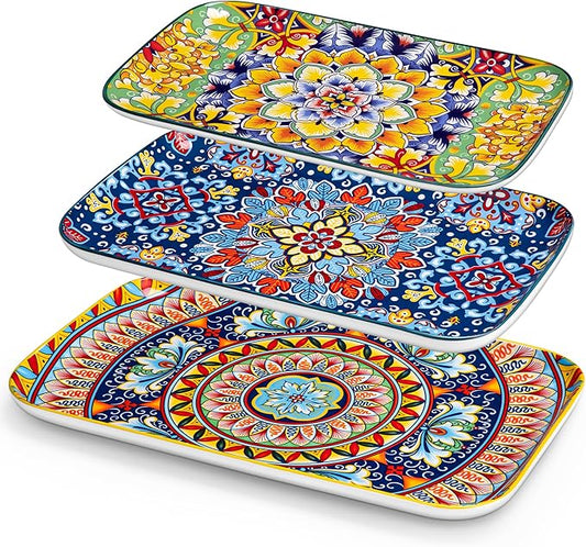 vancasso Serving Platters Set of 3, 16"/14"/12" Inch Rectangular Trays - Extra Large, Ceramic Bohemian Serving Dish for Entertaining Food, Microwave & Dishwasher Safe, Vintage