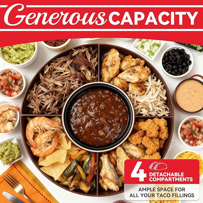 Lazy Susan Taco Bar & Condiment Containers with Lids, 4 Taco Holders for Taco Tuesday Kit, Fondue Pot for Taco Bell Sauce, Burritos, Nachos, and Fajitas, Brown
