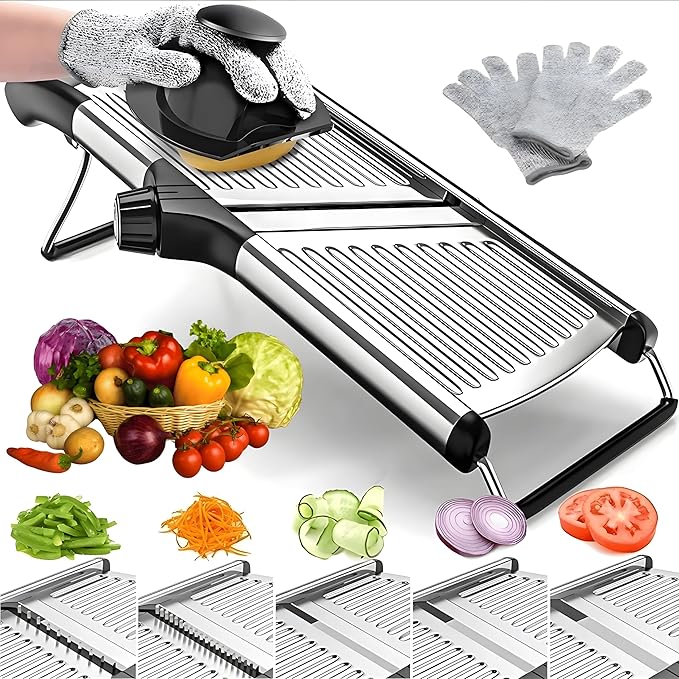 Mandoline Slicer for Kitchen, Adjustable Stainless Steel Vegetable Slicer & Chopper, Safe Mandolin Food Slicer for Potato, Onion, Tomato, Cucumber & Fruit, Julienne Blades with Cut-Resistant Gloves