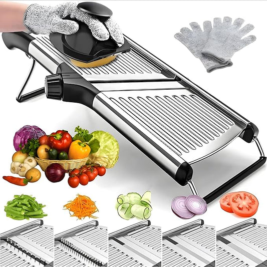 Mandoline Slicer for Kitchen, Adjustable Stainless Steel Vegetable Slicer & Chopper, Safe Mandolin Food Slicer for Potato, Onion, Tomato, Cucumber & Fruit, Julienne Blades with Cut-Resistant Gloves