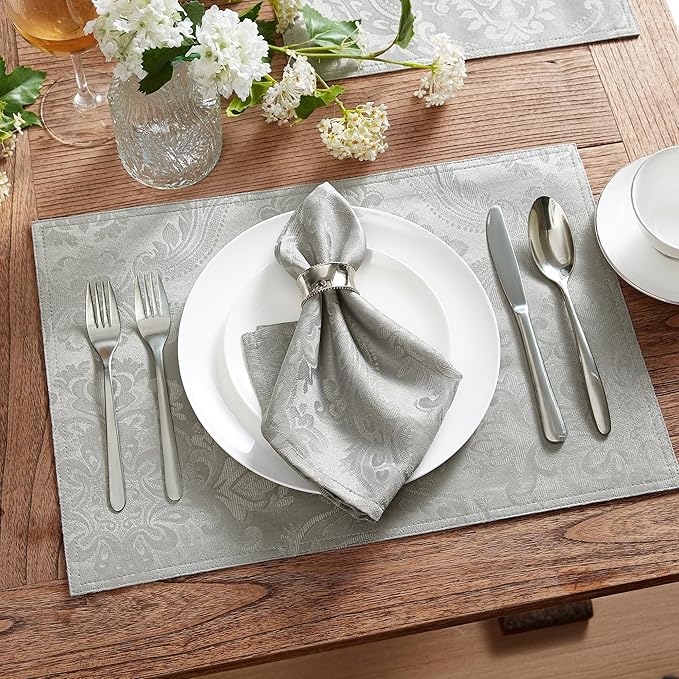 Elrene Home Fashions Caiden Elegance Damask Waterproof, Stain & Wrinkle Resistant Fabric Napkins (Set of 4), 17" x 17", Silver