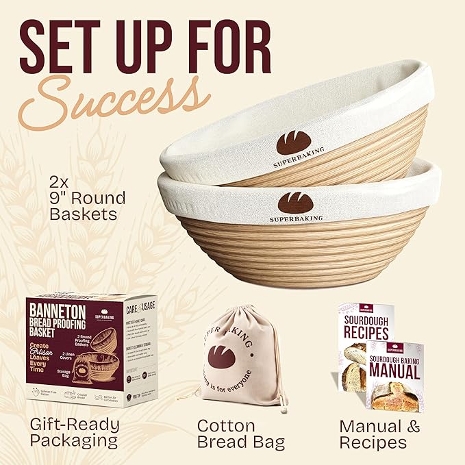 Superbaking Banneton Bread Proofing Basket Set of 2, 9" Splinter-Free Round Rattan Bread Basket with Liners, Sourdough Starter Kit, Sourdough Bread Baking Supplies & Sourdough Kit, Bread Making Tools