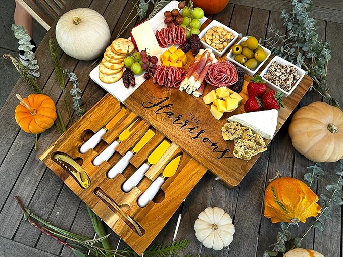 Quartz & Acacia Modern Charcuterie Board Set 16 pcs Laser Engraved Cheese Board And Knife Set Realtor Closing gift Custom Christmas Wedding