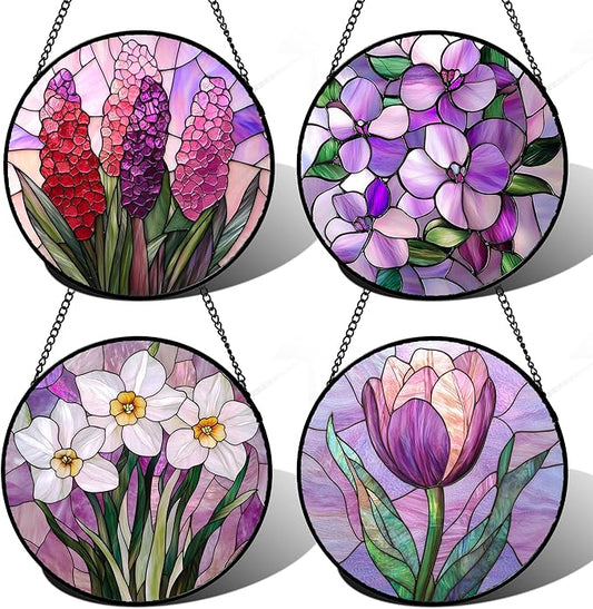 Stained Glass Window Hanging 4 Pcs Set Purple Flower Theme 6.3" - Tulip Suncatcher Door Garden Sun Catcher Decor Birthday Christmas for Plant Lovers Woman Nana Men
