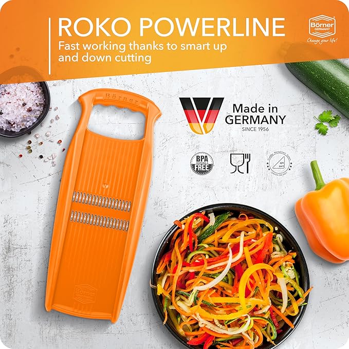 Börner by Reston Lloyd Roko PowerLine • Short & Long Vegetable Strips/Noodles & Safety Food Holder • Made in Germany, Orange
