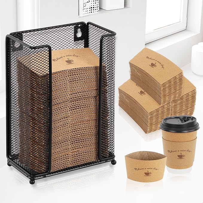 Coffee Cup Sleeve Holder Wall Mount or Countertop, Paper Cup Sleeve Organizer Dispenser for Coffee Station Bar Restaurant Breakroom, Black