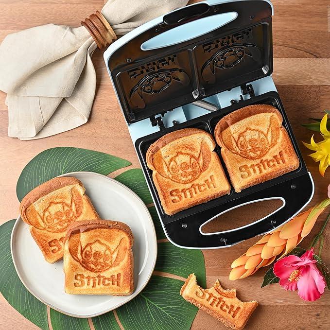 Select Brands Disney Lilo & Stitch Sun Sand Sea Grilled Cheese Sandwich Maker - Kitchen Appliances - Ceramic Nonstick Cooking Plates - Panini Press - Imprints Stitch Image - Dual Sandwich Machine