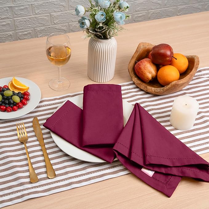 Blue Needles Set of 12 Hemstitch Linen Napkins 100% Cotton Burgundy Cloth Dinner Napkins 18x18 inches, Soft, Reusable, Absorbent, Washable, Ideal for Wedding Events, Parties & Everyday Use