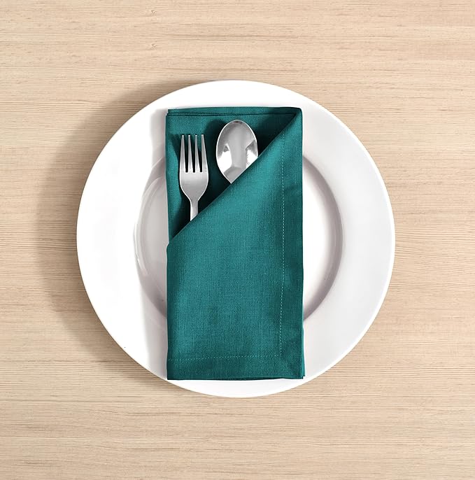 FINGERCRAFT Dinner Cloth Napkins, Cotton Linen Blend Mitered Corner Napkins Cloth 12 Pack Natural Premium Quality for Every Day Use, Parties, Easter, Thanksgiving, Weddings, 18x18 inch Teal Green