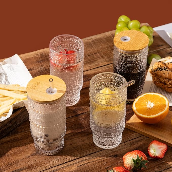 Drinking Glasses with Bamboo Lids and Glass Straw 2pcs Set,16oz Glass Tumbler Cups,Water Glasses,Iced Coffee Glasses,iced Tea Glasses,Beer Glasses,Ideal for Whiskey,1 Brushes