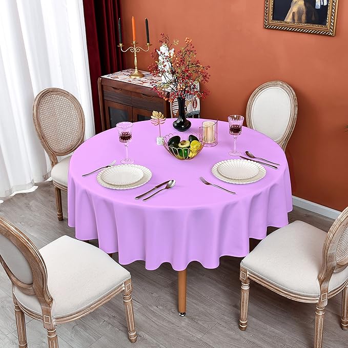 MEANMOY Light Purple 210 GSM Water & Stain Resistant Round Tablecloth for Circle Table - Solid 60 Inch Lavender Table Cloth Cover in Wrinkle Free Durable Washable Polyester Fabric for Party, Banquet