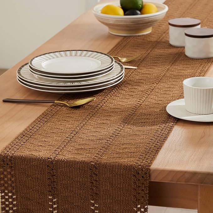 ZeeMart Macrame Style Boho Table Runner, Brown Table Runners 48 Inches Long, Farmhouse Woven Home Decor, 12x48 Inch, Caramel