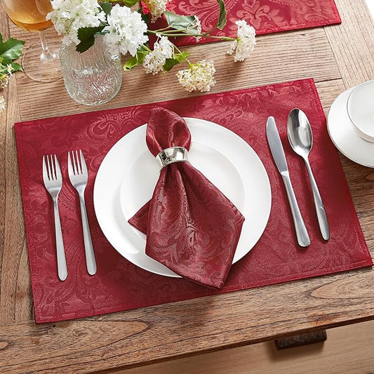 Elrene Home Fashions Caiden Elegance Damask Waterproof, Stain & Wrinkle Resistant Fabric Napkins (Set of 4), 17" x 17", Red