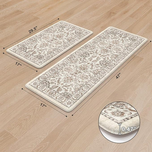 KIMODE Anti Fatigue Mats for Kitchen Floor,Kitchen Rugs Sets of 2 Non Slip,Padded Cushioned Kitchen Floor Mats,Memory Foam Kitchen Mat for Sink Laundry Office Desk,17"x29.5"+17" x47”,Khaki
