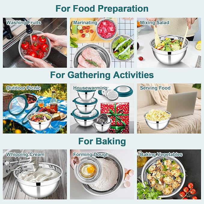E-far Mixing Bowls Set of 5, Stainless Steel Salad Mixing Bowl with Transparent Lid, Metal Nesting Bowl Attach with 3 Graters for Kitchen Prepping/Serving/Baking/Storage, 4.6/2.6/1.5/1/0.7 QT - Blue