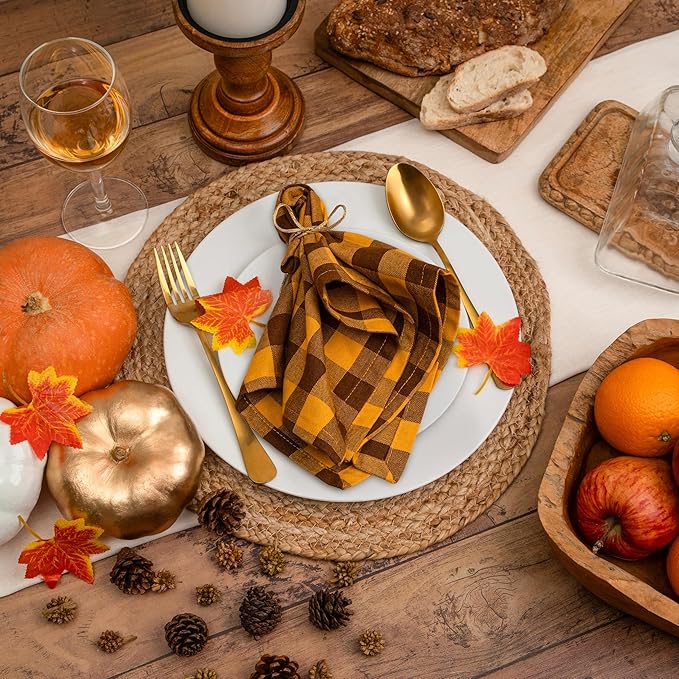 Blue Needles Gingham Buffalo Plaid Cloth Napkins 100% Cotton Set of 12 Dinner Table Napkins 18x18 inch Soft, Reusable, Washable for Wedding Parties & Everyday Use - Golden Yellow & Nut Brown