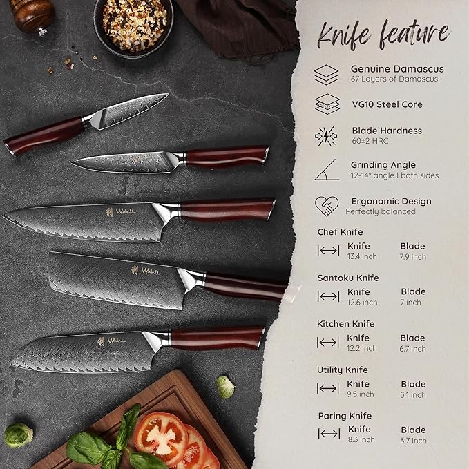 Wakoli Rose Elegance Knife Block Set – 5-Piece Professional Damascus Kitchen Knife Set with Magnetic Block – 67-Layer Damascus Steel with VG10 Core, Ergonomic Rosewood Handles in Gift Box