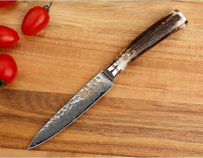 SUNLONG Utility Knife 5 inch Multi-purpose cutter - Japanese Hammered Damascus Natural Antlers Handle