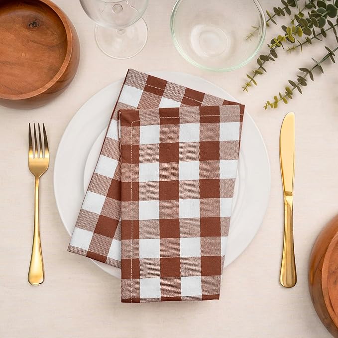 Blue Needles Gingham Buffalo Plaid Cloth Napkins 100% Cotton Set of 12 Dinner Table Napkins 18x18 inch Soft, Reusable, Washable, Ideal for Wedding Parties & Everyday Use - Nut Brown & White
