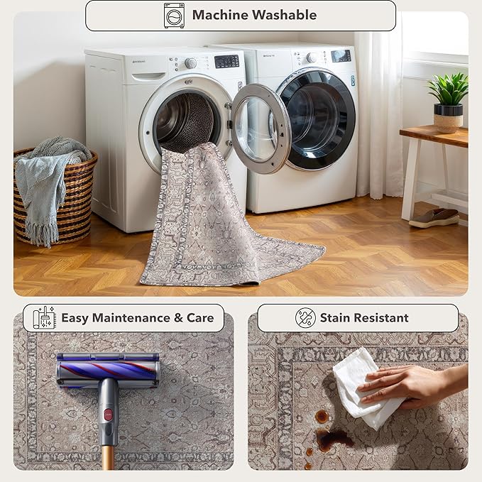 Kuden 3x5 Small Rug, Machine Washable, Non-Slip Backing, Vintage Style, Soft, Low Pile, Area Rugs for Entryway Kitchen Indoor Entrance