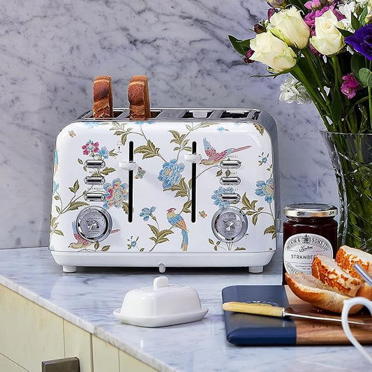 VQ Laura Ashley Elveden White Stainless Steel 4 Slice Toaster | Multi-Functional Bagels & Bread Toaster 4 Slice with Adjustable Heating & Defrost Mode | Featuring 4 Wide Slots, Croissant Warming Rack