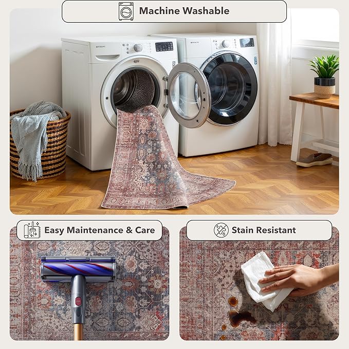 Kuden 2'6"x7' Runner Rug, Machine Washable Area Rug with Non-Slip Backing, Vintage Style, Soft, Easy Clean, Low Pile Rug for Hallway, Entryway, Kitchen, Bedroom