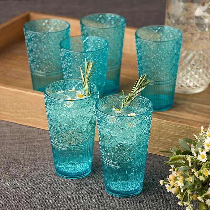 Victoria Aqua Set of 6 Premium Acrylic Ice Tea Glass 22 oz – Unbreakable Glassware with Elegant Embossed Design, Dishwasher Safe for Indoor & Outdoor Use