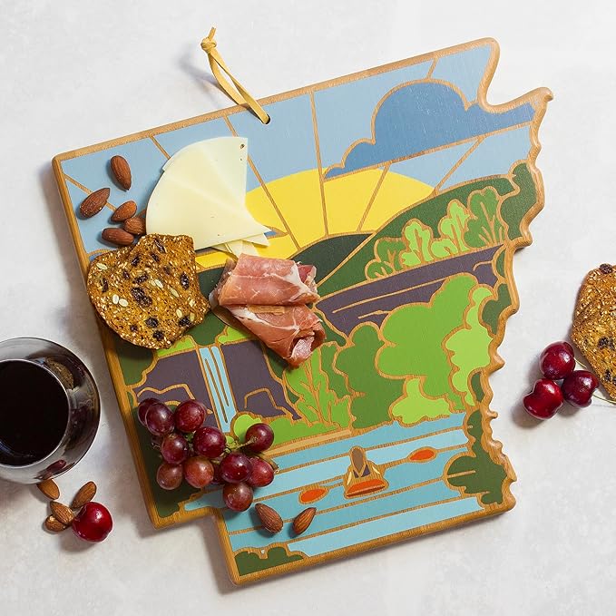 Totally Bamboo Arkansas State Shaped Cutting Board and Charcuterie Serving Platter with Artwork by Summer Stokes, Includes Hang Tie for Wall Display