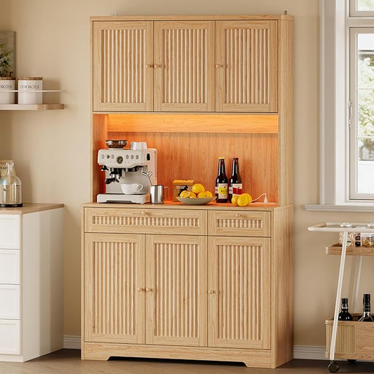 Pantry Cabinet with Charging Station and Light, Tall Kitchen Pantry Storage Cabinet with Microwave Stand, Wide Fluted Kitchen Hutch with Storage Drawers and Adjustable Shelves for Dining Room